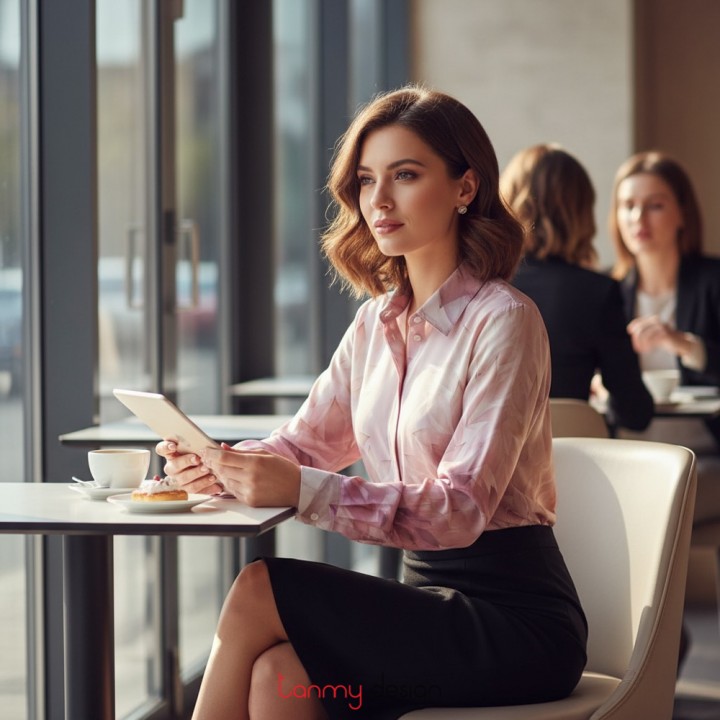 Áo sơ mi lụa dài tay họa tiết hoa sen hồng